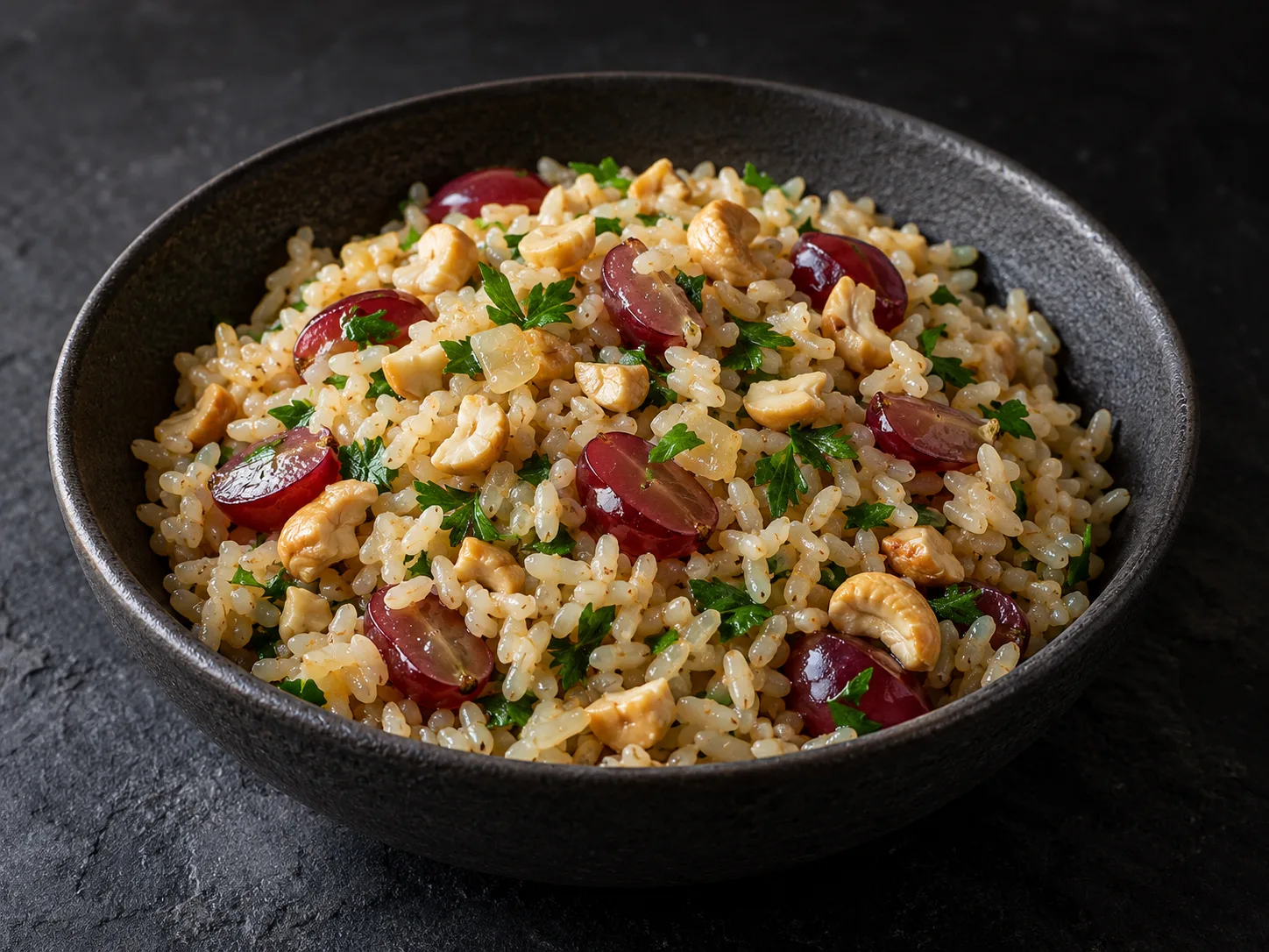 Arroz integral com uva e castanha-de-caju