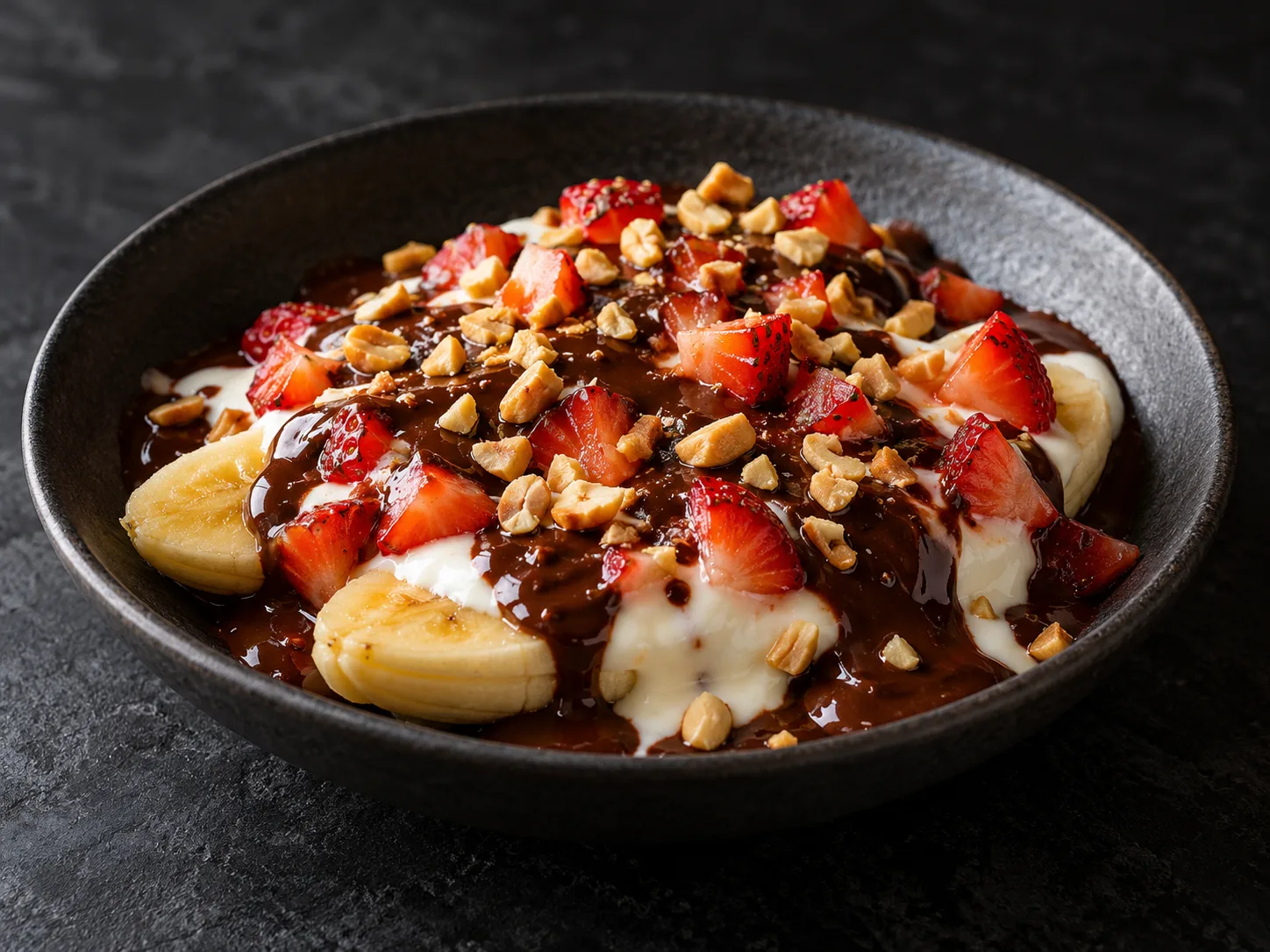 Banana com iogurte e calda de chocolate