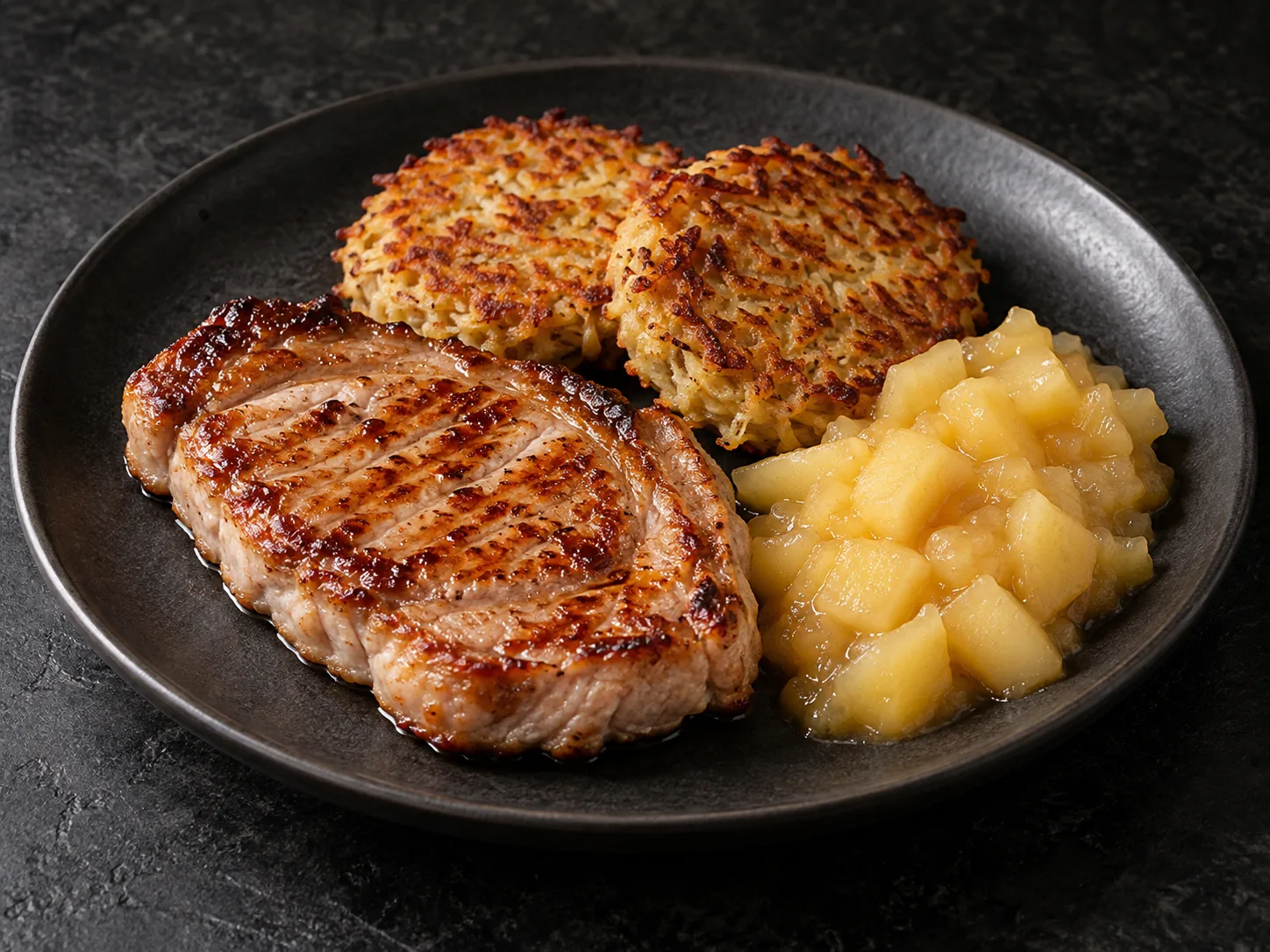 Bisteca com bolinho de batata-doce e maçã