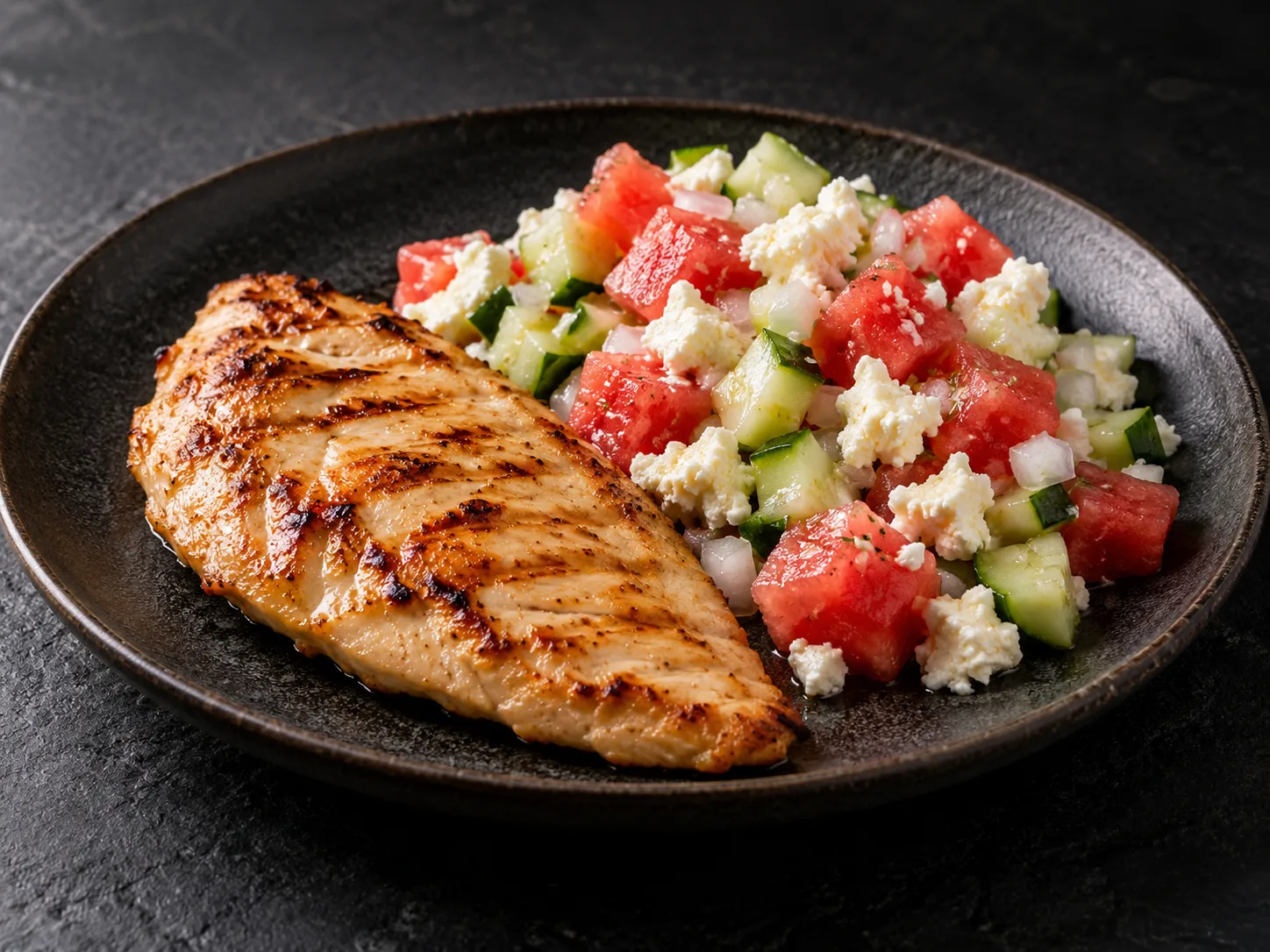 Frango grelhado com salada de melancia