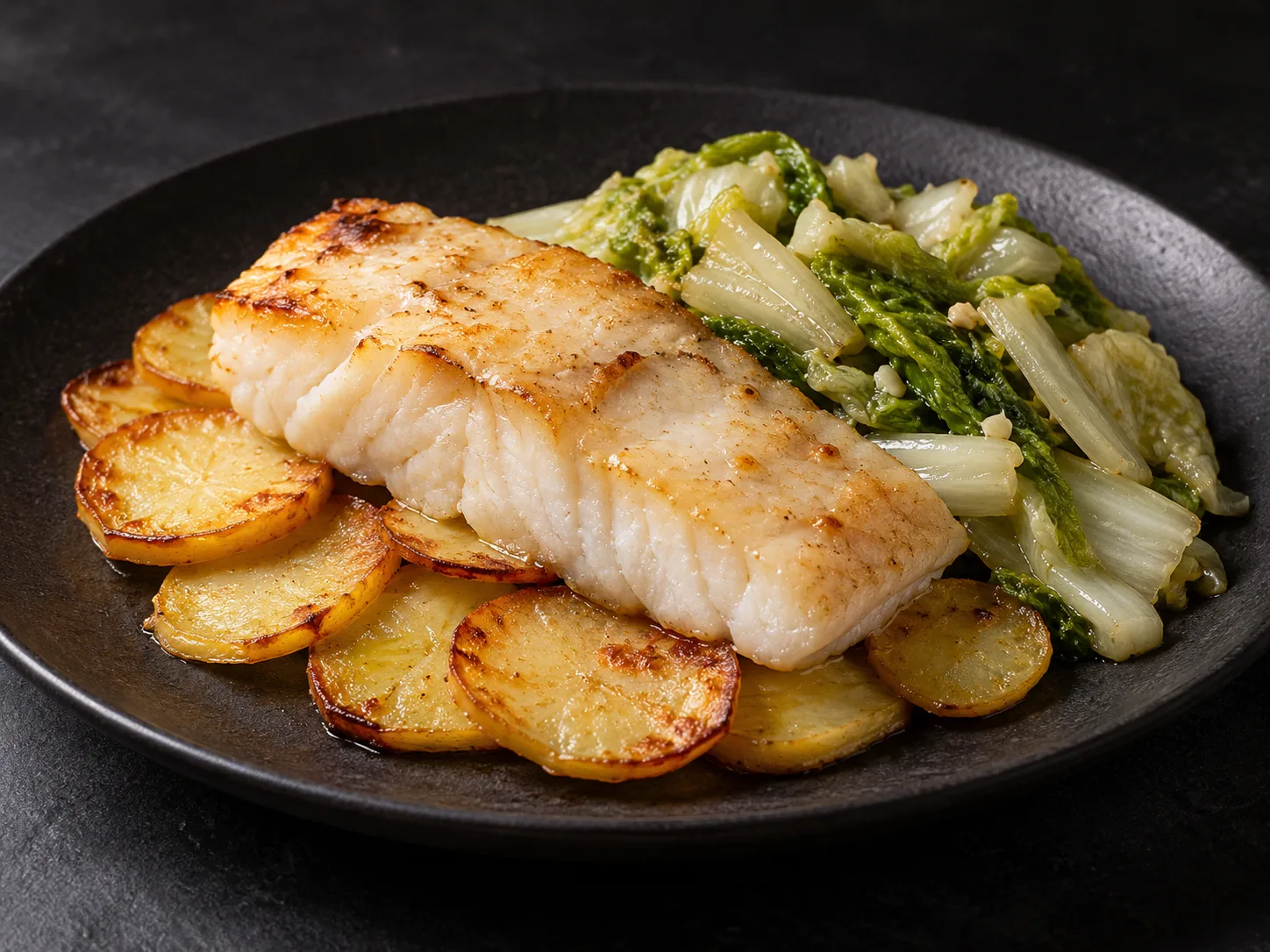 Peixe assado com batata e acelga